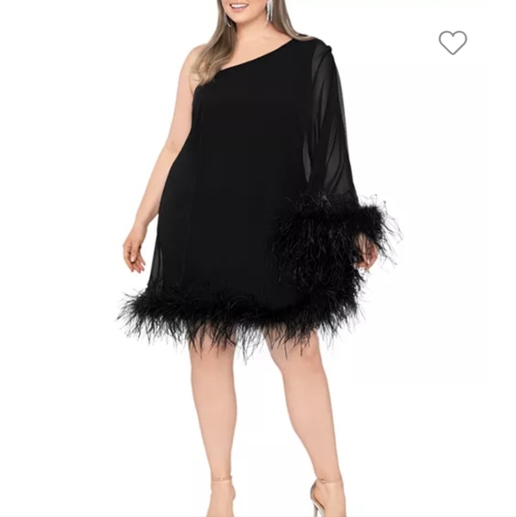 Betsy & Adam One Shoulder One Cape Sleeve Feather Trim Mini Dress